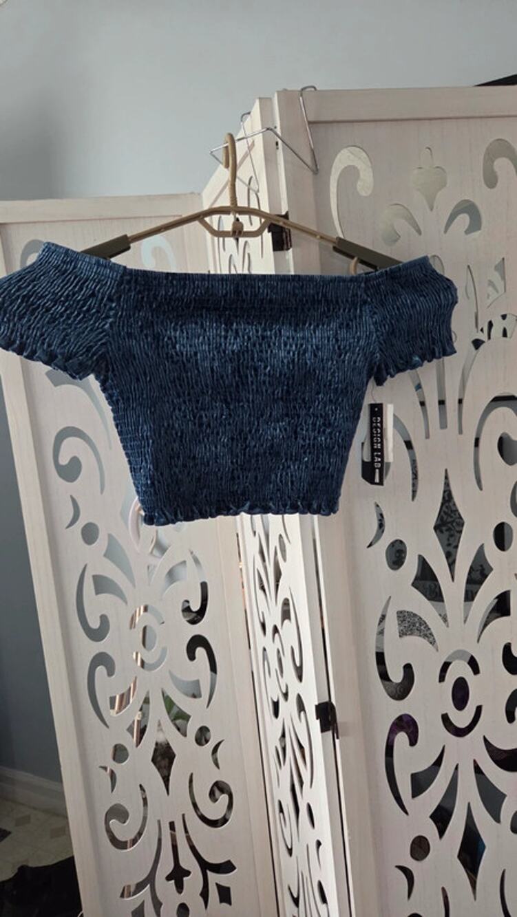NWT Design Lab Blue Velvet Smocked Off Shoulder Crop Top Womens Small